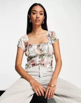Топ с короткими рукавами и корсетом в стиле 90-х годов ASOS DESIGN с цветочным газетным принтом