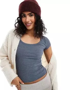 Топ с короткими рукавами и круглым вырезом в рубчик синего цвета Cotton:On