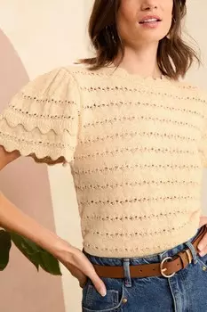 Топ с короткими рукавами и оборками, связанный крючком Love & Roses, белый