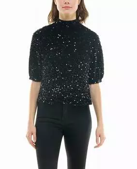Топ с короткими рукавами и пайетками Ava Velvet, очень черный Nicole Miller
