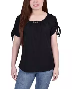 Топ с короткими рукавами и складками для миниатюрных размеров NY Collection, черный