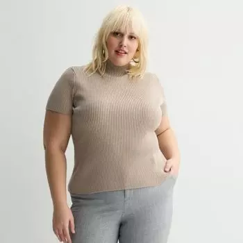 Топ с короткими рукавами и воротником-стойкой большого размера Nine West, цвет medium beige