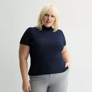 Топ с короткими рукавами и воротником-стойкой большого размера Nine West, цвет sky captain