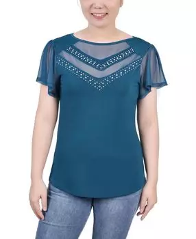 Топ с короткими рукавами-крылышками и заклепками миниатюрного размера NY Collection, мульти