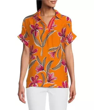 Топ с короткими рукавами «летучая мышь» с высоким и низким подолом, тканый тканый принт с цветочным принтом и воротником с V-образным вырезом и короткими рукавами «летучая мышь» Multiples, цветочный