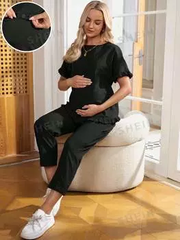 Топ с короткими рукавами Shein и брюками с регулируемой талией, черный
