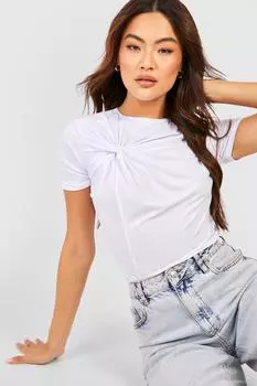 Топ с короткими рукавами slinky twist передней части Boohoo, белый
