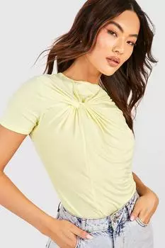 Топ с короткими рукавами slinky twist передней части Boohoo, лемон
