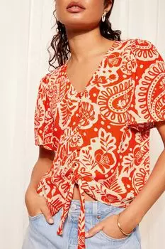 Топ с короткими ткаными рукавами и V-образным вырезом завязкой спереди Friends Like These, красный