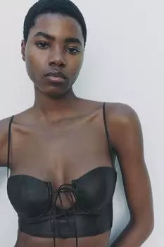 Топ с кожаным галстуком ZARA, черный