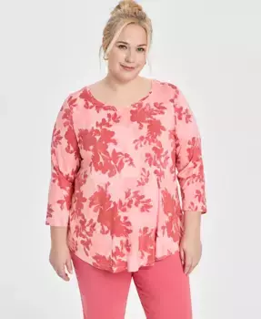 Топ с круглым вырезом и рукавом 3/4, Plus Size JM Collection, розовый
