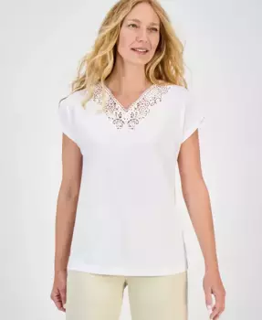 Топ с кружевной отделкой и короткими рукавами Petite Style & Co, белый