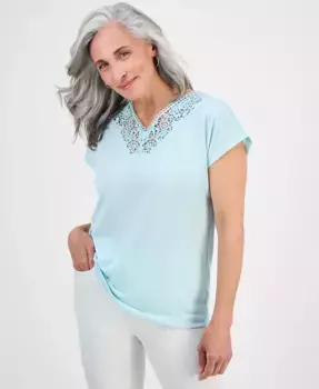 Топ с кружевной отделкой и короткими рукавами Petite Style & Co, зеленый