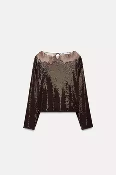 Топ с кружевной отделкой и пайетками ZARA, коричневый