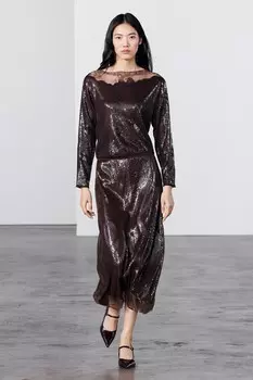 Топ с кружевной отделкой и пайетками ZARA, коричневый