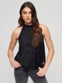 Топ с кружевной вставкой и воротником халтер Superdry, черный