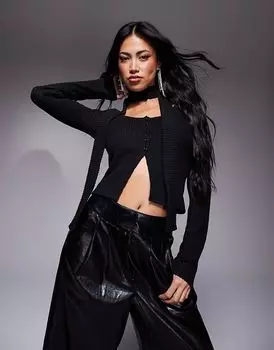 Топ с квадратным вырезом, длинными рукавами и застежкой на пуговицы и шарфом черного цвета ASOS DESIGN