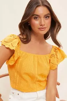 Топ с квадратным вырезом и присборенными рукавами с английской вышивкой Friends Like These, желтый