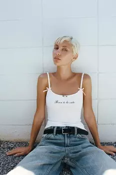 Топ с лозунгом, цветком и бантом ZARA, белый