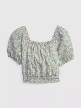 Топ с мелкими цветочками и рукавами-фонариками Gap, цвет white/pink