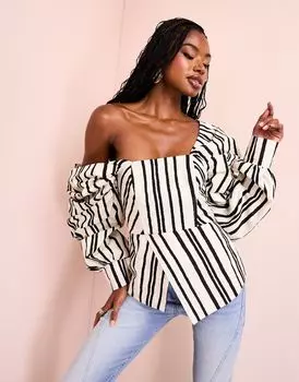 Топ с объемными рукавами из хлопкового поплина ASOS LUXE в черно-кремовую полоску