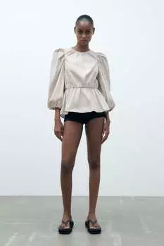 Топ с объемными рукавами ZARA, серый/бежевый