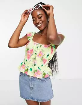 Топ с оборками на рукавах и кантом на талии с принтом зеленого цвета и роз ASOS DESIGN