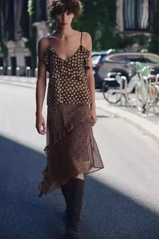 Топ с оборками в горошек ZARA, хаки