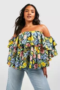 Топ с открытыми плечами и цветочным цветом plus Boohoo, черный