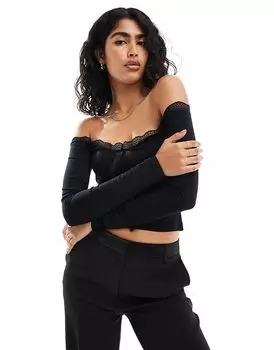 Топ с открытыми плечами и кружевной отделкой черного цвета ASOS DESIGN