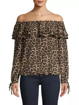 Топ с открытыми плечами и леопардовым принтом Michael Michael Kors, цвет Dark Camel