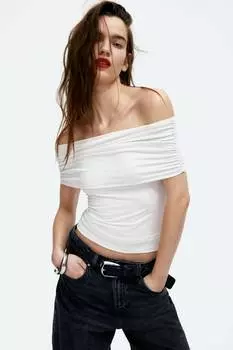 Топ с открытыми плечами и оборками H&M, бежевый