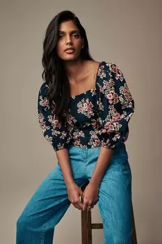 Топ с открытыми плечами и пышными рукавами Laura Ashley, синий