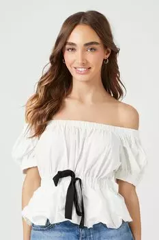 Топ с открытыми плечами и пышными рукавами Forever 21, белый