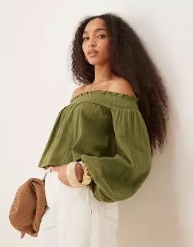Топ с открытыми плечами и рукавами-фонариками ASOS DESIGN оливкового цвета