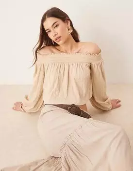 Топ с открытыми плечами и рукавами-фонариками ASOS DESIGN в каменном цвете