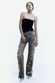 Топ с открытыми плечами и волнистыми деталями ZARA, черный