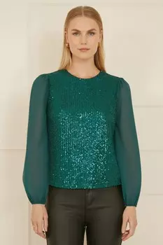 Топ с пайетками и прозрачными рукавами Yumi, зеленый