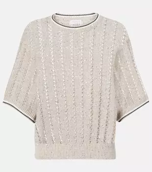 Топ с пайетками из смесового льна с ажурной вязкой Brunello Cucinelli, Beige Freddo + Lignite + Panama