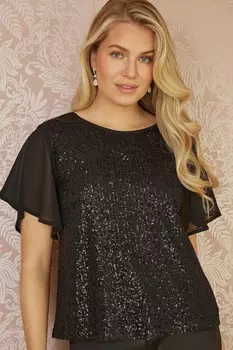 Топ с пайетками, прозрачными рукавами и вырезом на спине Yumi, черный