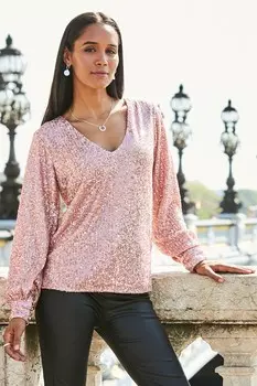 Топ с пайетками V-образным вырезом и объемными рукавами Sosandar, желтый