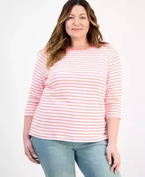 Топ с полосками из пима-хлопка с рукавом 3/4, Plus Size Style & Co, мультиколор