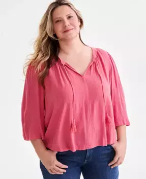 Топ с принтом и рукавом 3/4, Plus Size Style & Co, красный