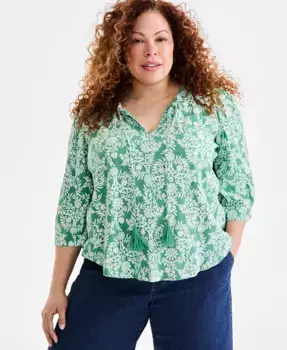 Топ с принтом и рукавом 3/4, Plus Size Style & Co, зеленый