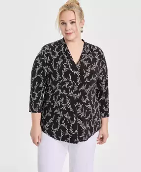 Топ с принтом и рукавом 3/4, Plus Size JM Collection, черный