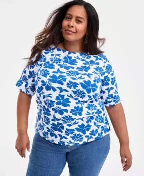 Топ с принтом и рукавом три четверти больших размеров Style & Co, синий