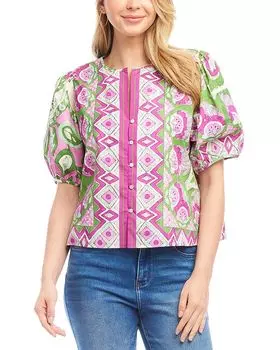 Топ с пуфовыми рукавами и застежкой на пуговицы Karen Kane, мультиколор