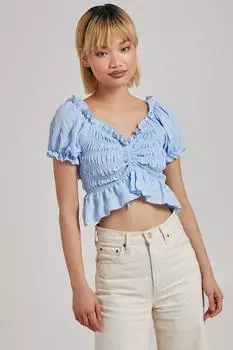Топ с пышными рукавами и оборкой со сборками Pink Vanilla, синий