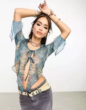 Топ с растрепанной завязкой спереди Reclaimed Vintage с принтом Y2K