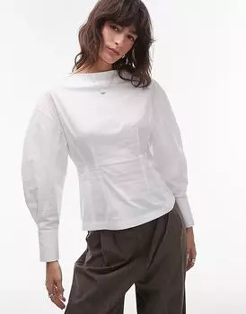 Топ с рукавами-бочонками из поплина белого цвета Topshop